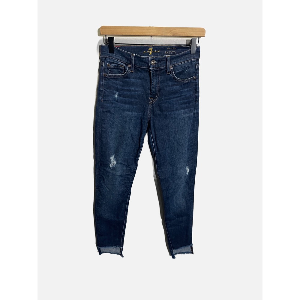 7 For All Mankind The Ankle Skinny Jeans Womens 25 Blue Distressed Raw Hem Denim
